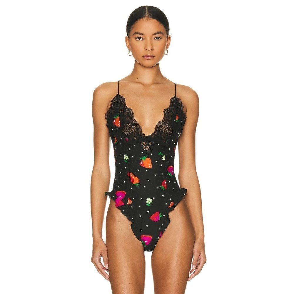 Alessandra Rich Strawberry Print Silk Jacquard Bodysuit in Black 42 New Womens